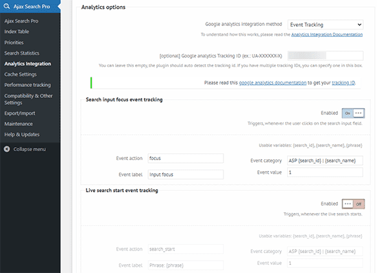 Ajax Search Pro Google Analytics Integration Settings