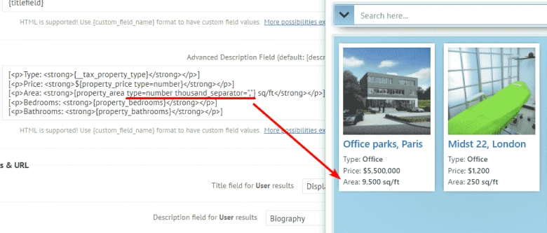 Ajax Search Pro content field number with thousand separator