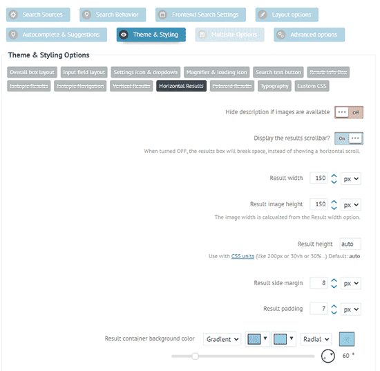 Horizontal Results Layout Backend Options for Ajax Search Pro for WordPress