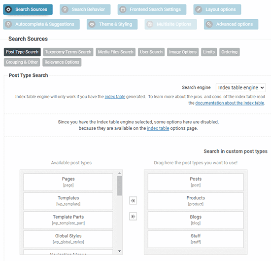 Ajax Search Pro Search Sources Selection for post types